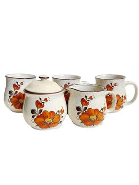 Vintage Japan Speckled Stoneware Coffee Mugs Sugar Creamer Set Orange Flowers